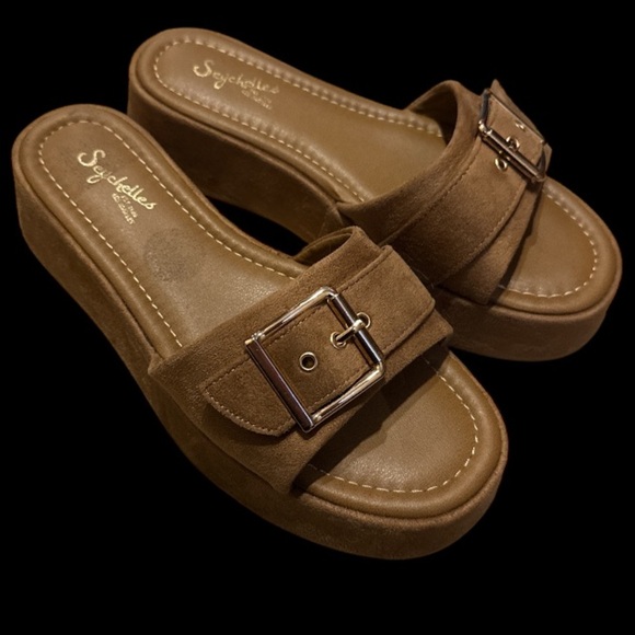 Saychelles Brown ran Slide Sandals 6.5 Poppy platforms faux suede gold buckle - Picture 5 of 5